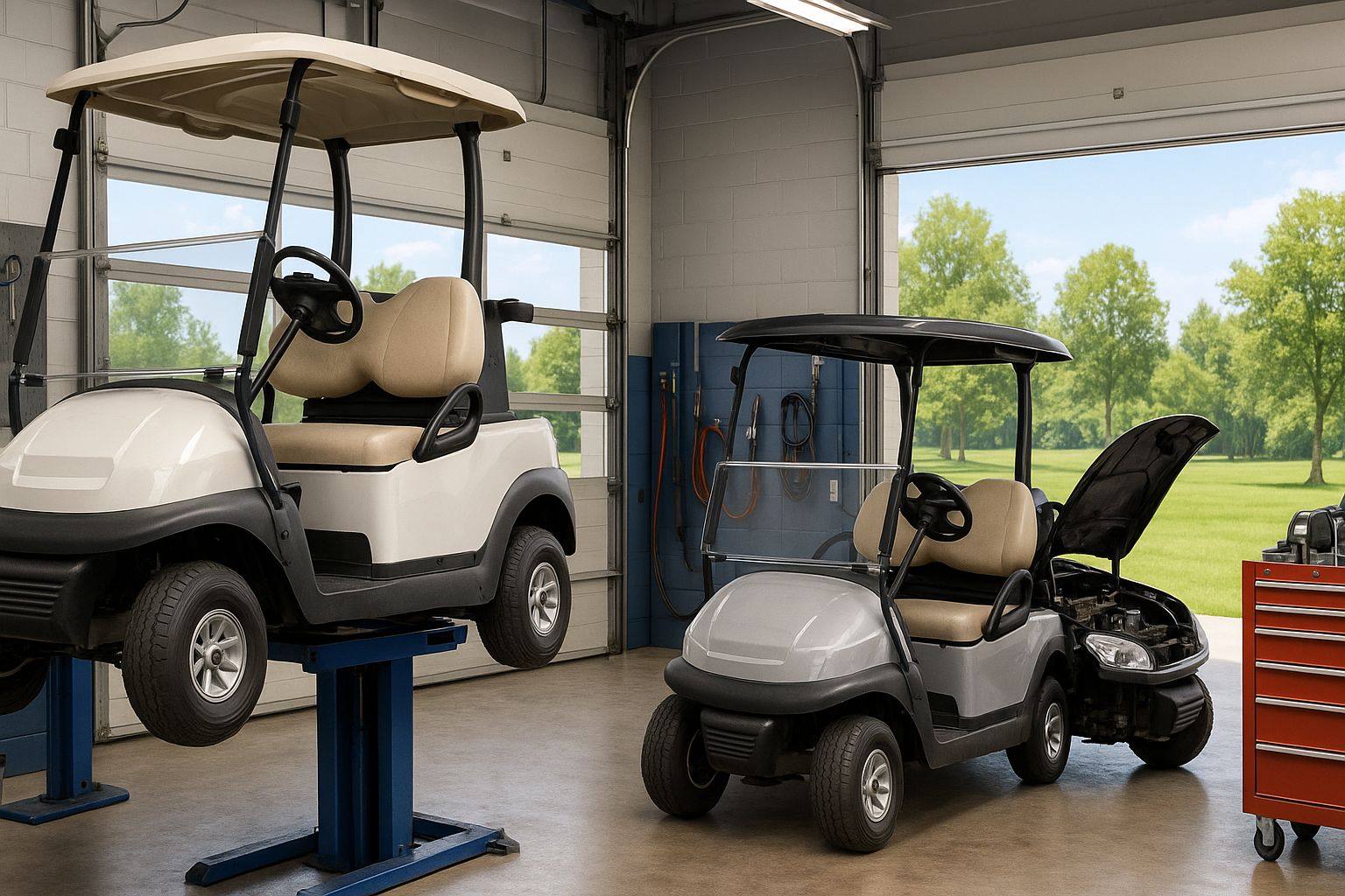 create an banner background image for the page golf cart service repairs image showing a shop interior with a plain or outdoor background.
should be in dimensions of the width 3840px and height should be 1280px