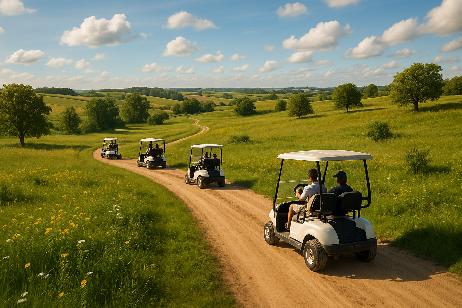 mkae an image of golf carts driving in country side 